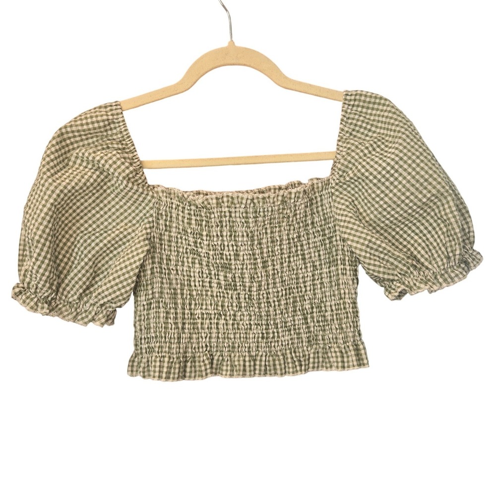 SHEIN Gingham Crop Top Short Sleeve Green Smocked Puff Sleeve Cottagecore Medium